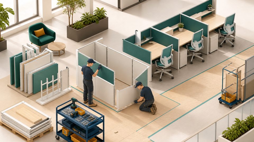 Installers assembling modular workstations in a prepared office