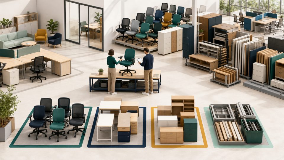 Used office chairs, desks, and parts sorted for reuse and recovery