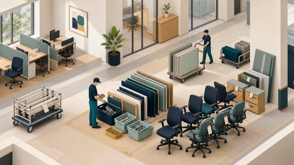 Office furniture components organized on carts for a planned removal