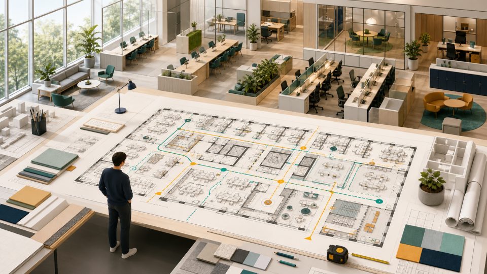Planner reviewing a measured office layout with circulation and furniture zones